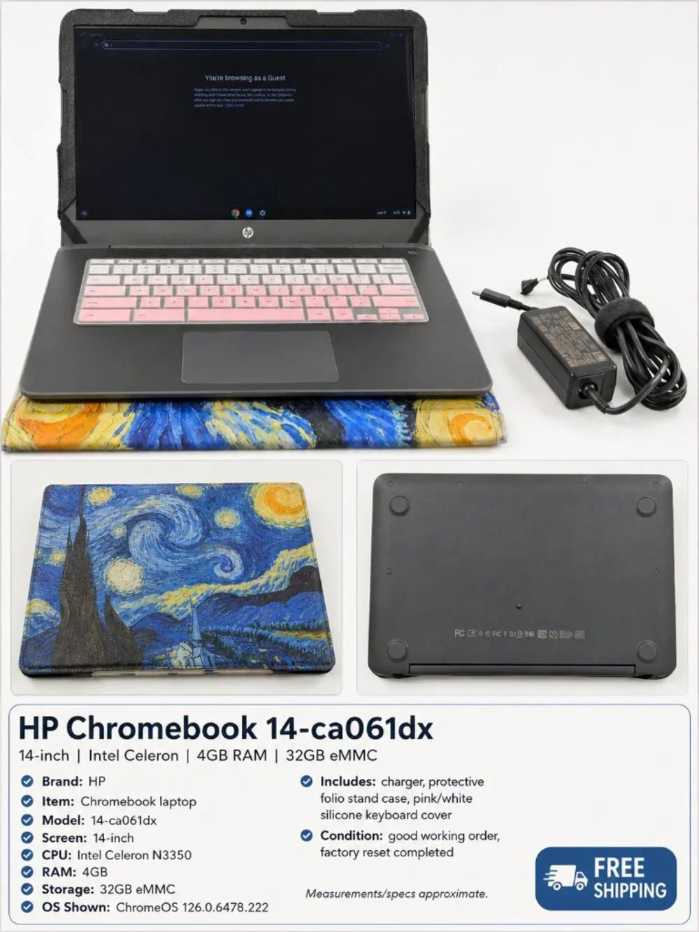 HP Chromebook 14-ca061dx 14in Gray N3350 4GB 32GB Charger Case